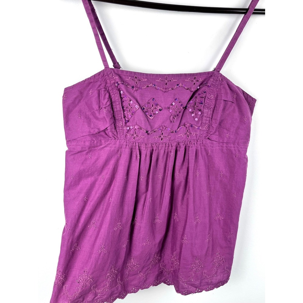 Y2K American Eagle Purple Embroidered Sequin Babydoll Tank Top Size 2 Boho Fairy